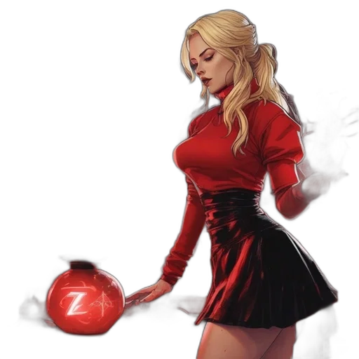 dress, staff, concept art, fantasy art, comic book art, pixel art, red, dimly transparent PNG cut-out