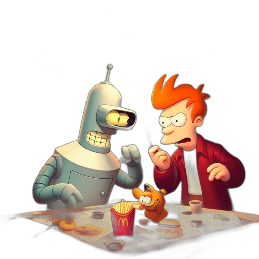 robot, food, pixel art, concept art, 3d render, cartoon, fire, outer space transparent PNG cut-out