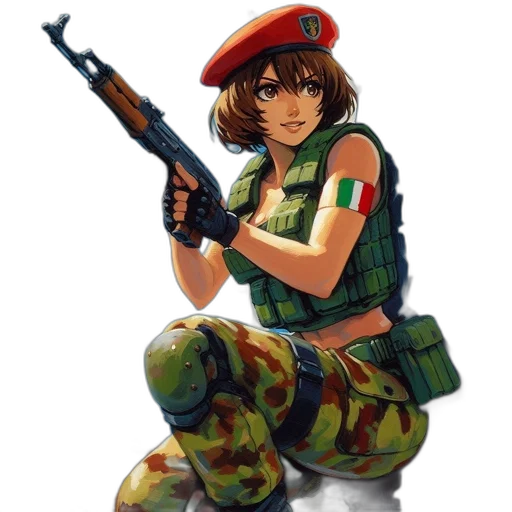 weapon, pixel art, anime, concept art, cartoon, animated, woman, military transparent PNG cut-out