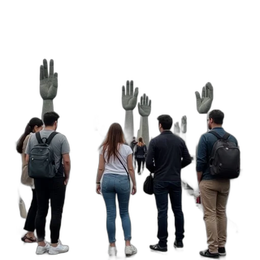 jacket, staff, mask, 3d render, concept art, group, tourists, standing transparent PNG cut-out