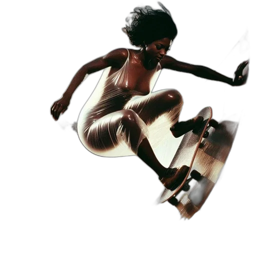 hair, concept art, comic book art, 3d render, photorealistic, woman, captured, skateboarding transparent PNG cut-out