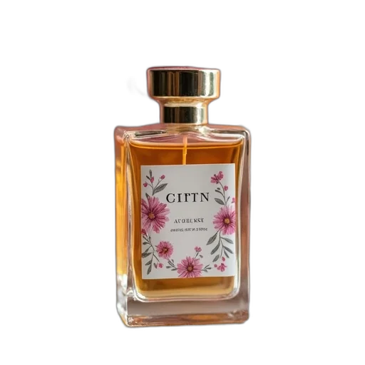 bottle, crown, perfume, floral, design, label, placed, table transparent PNG cut-out