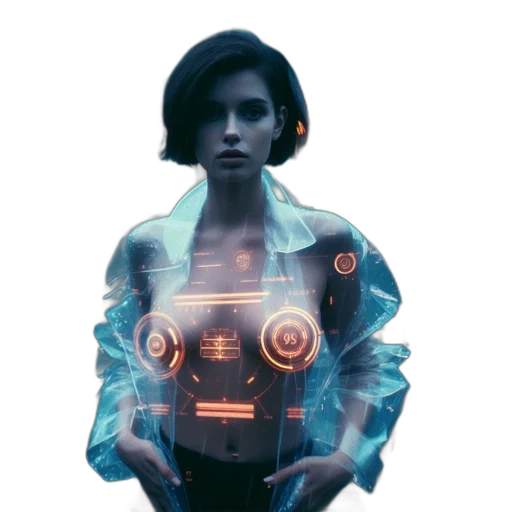 robot, jacket, dress, face, cyberpunk, concept art, comic book art, 3d render transparent PNG cut-out