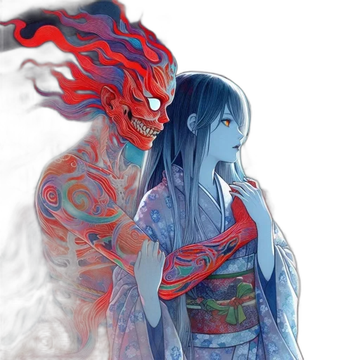 dragon, dress, mask, fantasy art, concept art, anime, watercolor, fire transparent PNG cut-out