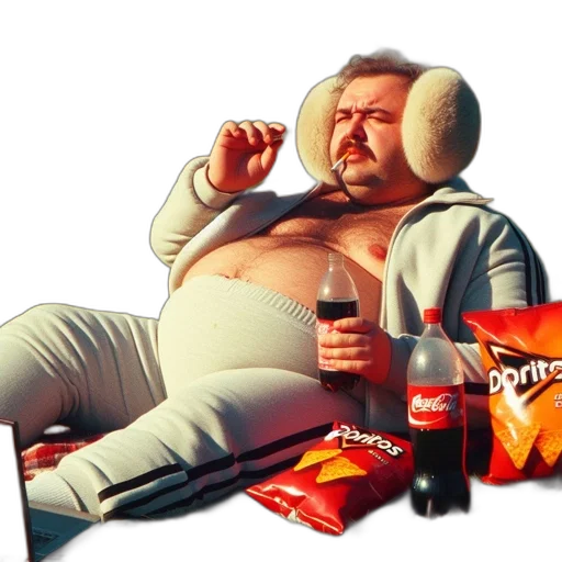 food, jacket, concept art, photorealistic, man, white, tracksuit, sits transparent PNG cut-out