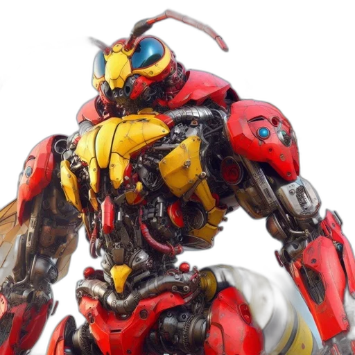 robot, weapon, 3d render, concept art, photorealistic, red, elaborate, anthropomorphic transparent PNG cut-out