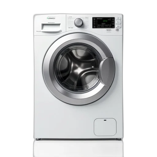 robot, photorealistic, 3d render, white, front-loading, washing, machine, digital transparent PNG cut-out