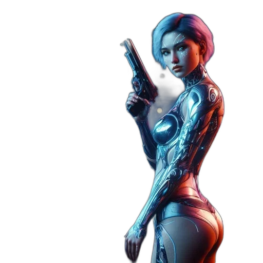 robot, weapon, concept art, cyberpunk, comic book art, 3d render, blue, neon-lit transparent PNG cut-out