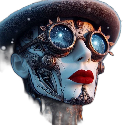 mask, robot, face, hat, cyberpunk, concept art, fantasy art, 3d render transparent PNG cut-out