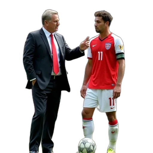 soccer, coach, giving, instructions, player, field, wearing, red transparent PNG cut-out