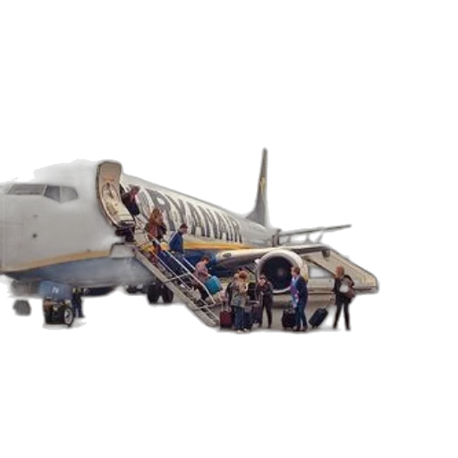 staff, 3d render, concept art, photorealistic, passengers, boarding, ryanair, airplane transparent PNG cut-out