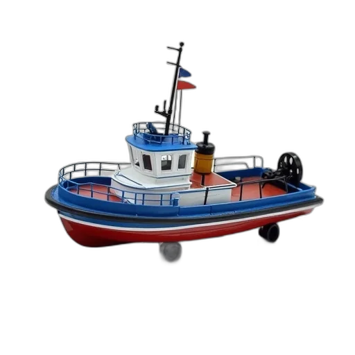 3d render, photorealistic, detailed, model, blue, red, tugboat, white transparent PNG cut-out