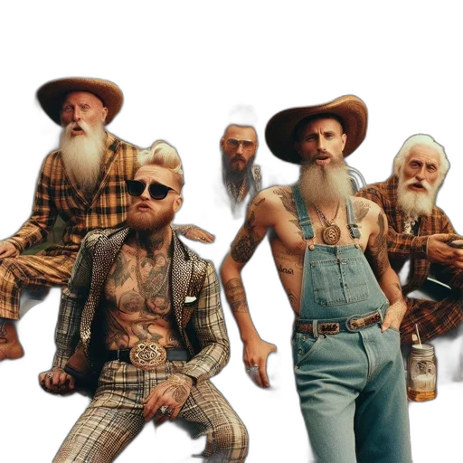 concept art, 3d render, fantasy art, photorealistic, five, men, unique, styles transparent PNG cut-out