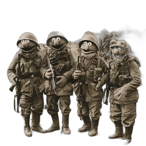 jacket, mask, concept art, fog, four, puppet-like, figures, military transparent PNG cut-out