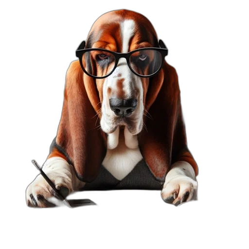 staff, animal, basset, hound, wears, glasses, while, seated transparent PNG cut-out