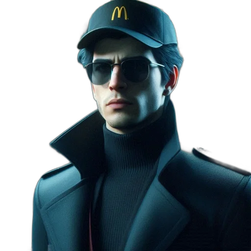 jacket, hat, staff, robot, cyberpunk, concept art, 3d render, vaporwave transparent PNG cut-out