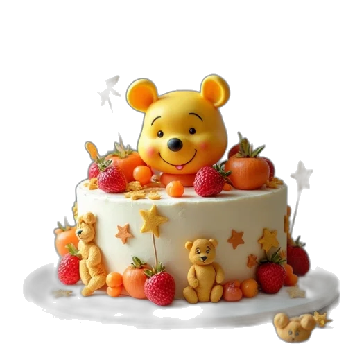 food, 3d render, photorealistic, cake, decorated, winnie, pooh, decorations transparent PNG cut-out