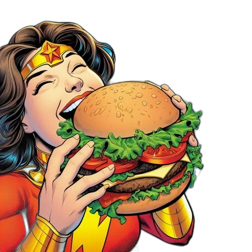 food, comic book art, superheroine, character, likely, wonder, woman, enjoys transparent PNG cut-out