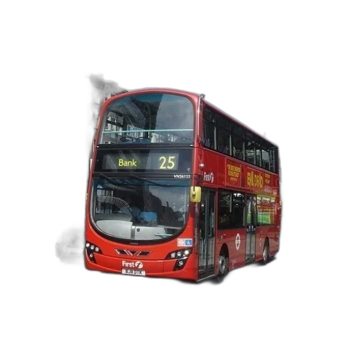 photorealistic, 3d render, concept art, red, double, decker, bus, street transparent PNG cut-out