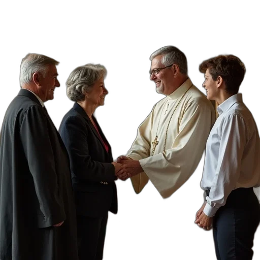 staff, jacket, group, people, including, priest, woman, shaking transparent PNG cut-out
