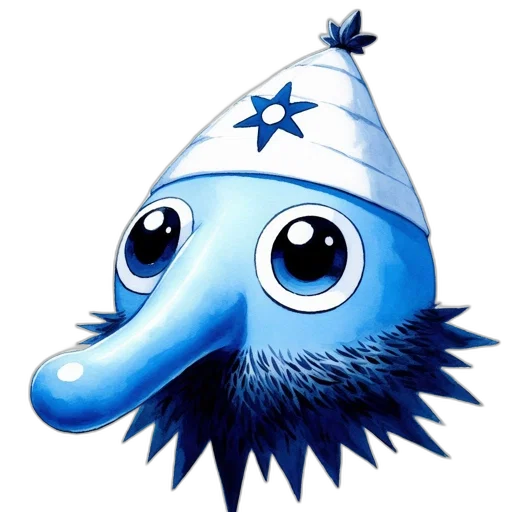 hat, staff, crown, creature, 3d render, concept art, blue, long transparent PNG cut-out