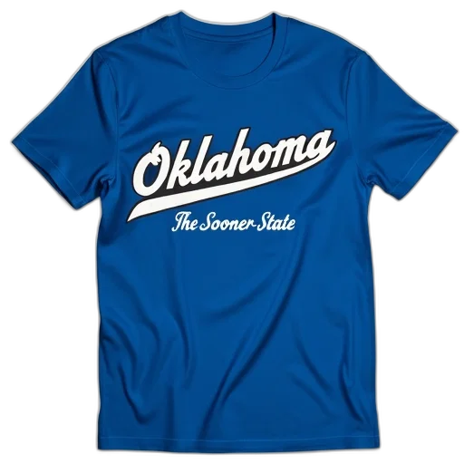 blue, t-shirt, word, oklahoma, white, stylized, lettering, front transparent PNG cut-out
