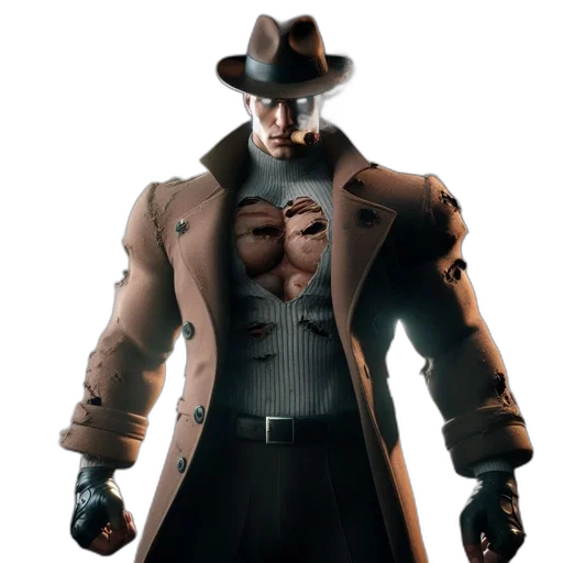 jacket, hat, weapon, staff, concept art, 3d render, cyberpunk, comic book art transparent PNG cut-out