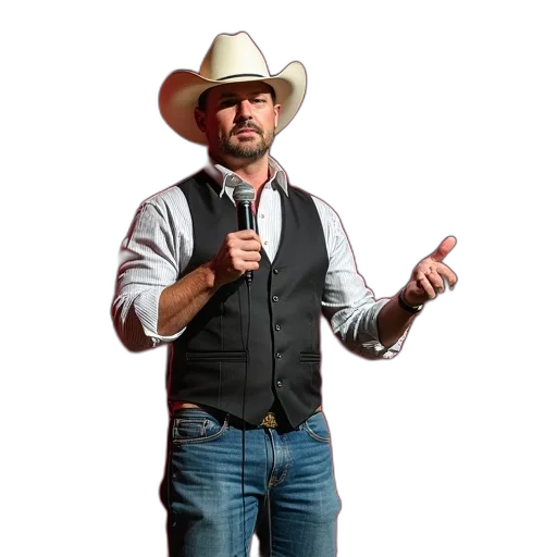 jacket, hat, man, wearing, cowboy, vest, standing, stage transparent PNG cut-out