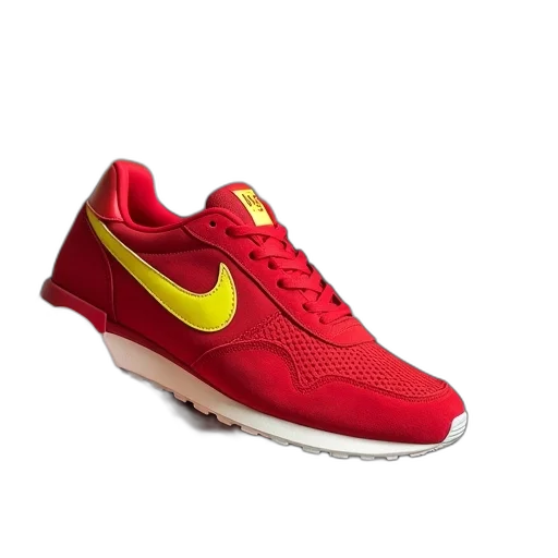 shoes, red, person, holding, sneaker, yellow, logo, side transparent PNG cut-out