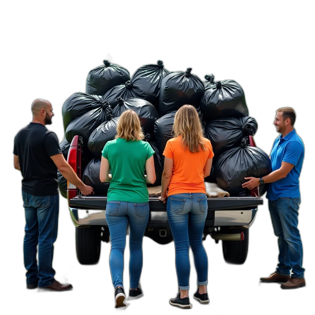 group, people, gathered, around, truck, filled, trash, bags transparent PNG cut-out