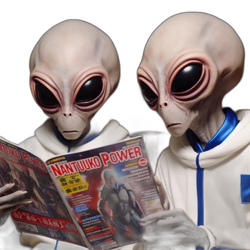 concept art, outer space, two, aliens, white, clothing, read, magazine transparent PNG cut-out
