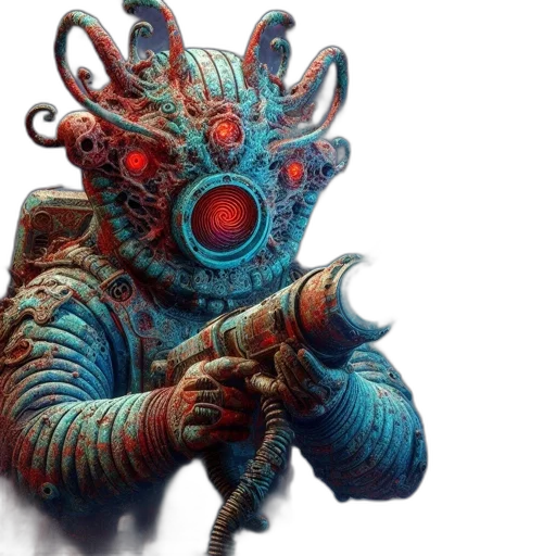 robot, mask, creature, staff, concept art, fantasy art, 3d render, cyberpunk transparent PNG cut-out