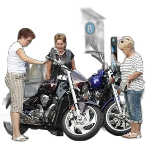 3d render, photorealistic, concept art, three, women, standing, next, motorcycles transparent PNG cut-out