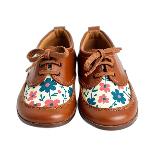 shoes, pair, brown, children, colorful, floral, pattern, upper transparent PNG cut-out