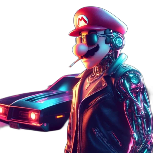 robot, jacket, cyberpunk, concept art, vaporwave, 3d render, neon lights, red transparent PNG cut-out