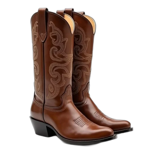 shoes, pair, brown, cowboy, boots, intricate, designs, upper transparent PNG cut-out
