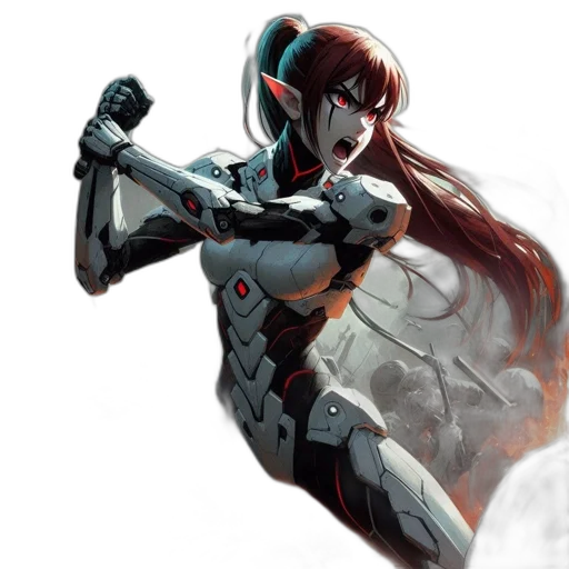 robot, weapon, concept art, comic book art, fantasy art, cyberpunk, red, female transparent PNG cut-out
