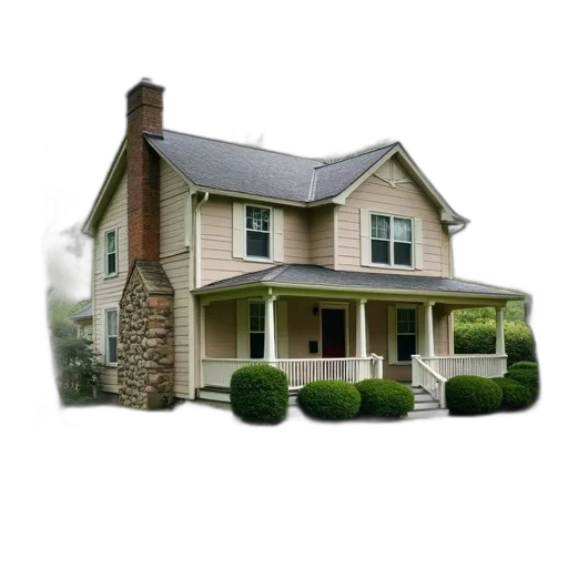 building, 3d render, photorealistic, two-story, house, stone, chimney, gabled transparent PNG cut-out