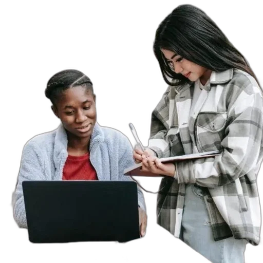 two, individuals, collaborate, outdoors, one, using, laptop, while transparent PNG cut-out