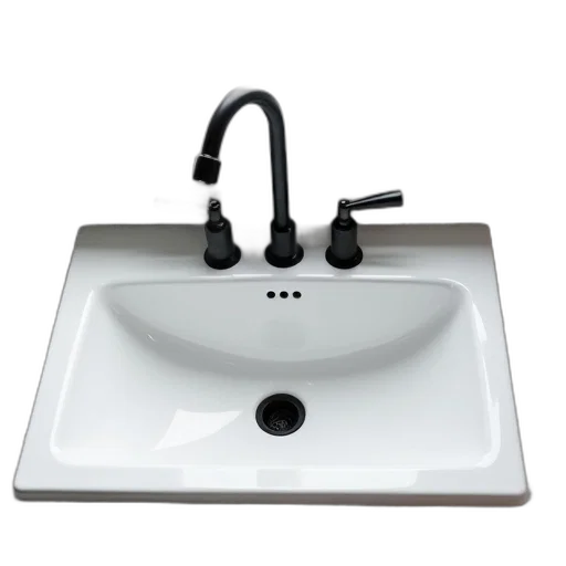 3d render, white, porcelain, sink, two, black, faucets, mounted transparent PNG cut-out
