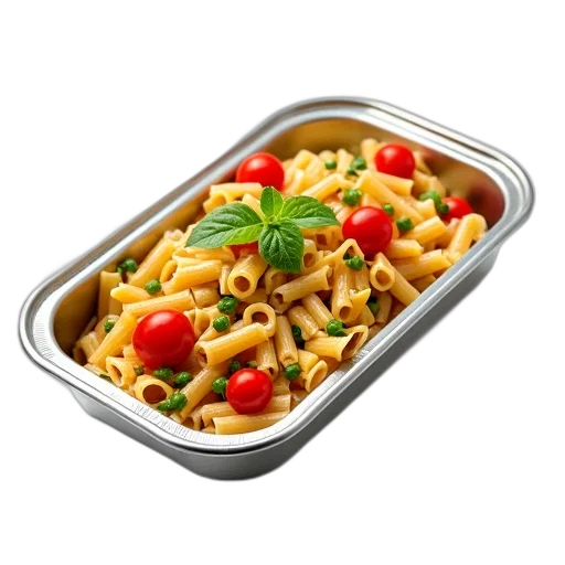 food, 3d render, photorealistic, silver, rectangular, tray, filled, colorful transparent PNG cut-out