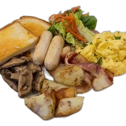food, hearty, breakfast, plate, featuring, scrambled, eggs, sausages transparent PNG cut-out
