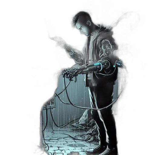 robot, jacket, weapon, sword, comic book art, concept art, cyberpunk, fantasy art transparent PNG cut-out
