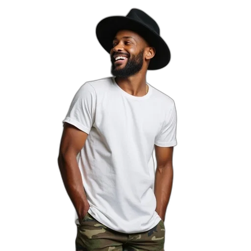 hat, jacket, earth tones, man, smiling, white, shirt, black transparent PNG cut-out
