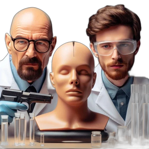 mask, face, concept art, photorealistic, 3d render, cyberpunk, two, scientists transparent PNG cut-out