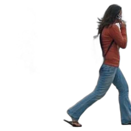 jacket, woman, orange, shirt, jeans, walks, down, street transparent PNG cut-out