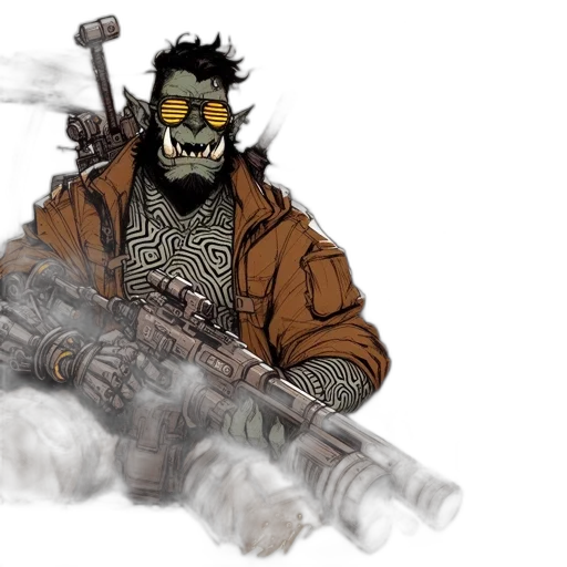 weapon, jacket, concept art, fantasy art, comic book art, cyberpunk, earth tones, green-skinned transparent PNG cut-out