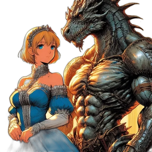 dragon, dress, creature, sword, fantasy art, comic book art, concept art, anime transparent PNG cut-out