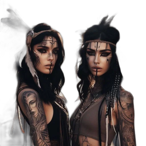 fantasy art, concept art, photorealistic, cyberpunk, dark, earth tones, two, women transparent PNG cut-out