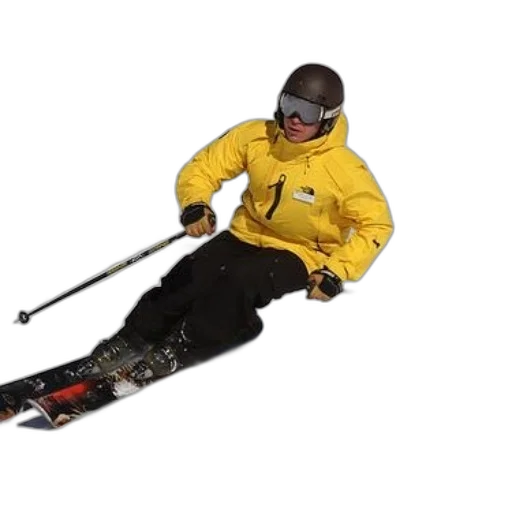 staff, jacket, photorealistic, skier, yellow, black, pants, making transparent PNG cut-out
